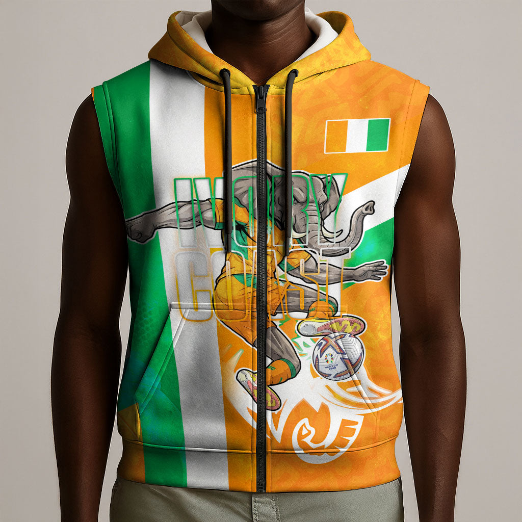 Personalized Ivory Coast Football Sleeveless Zip Hoodie Elephant Mascot Flag - Comic Style Graphic