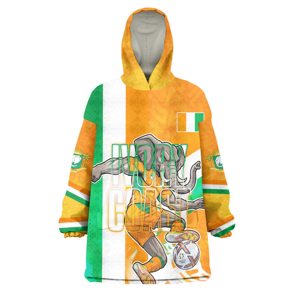 Personalized Ivory Coast Football Wearable Blanket Hoodie Elephant Mascot Flag - Comic Style Graphic