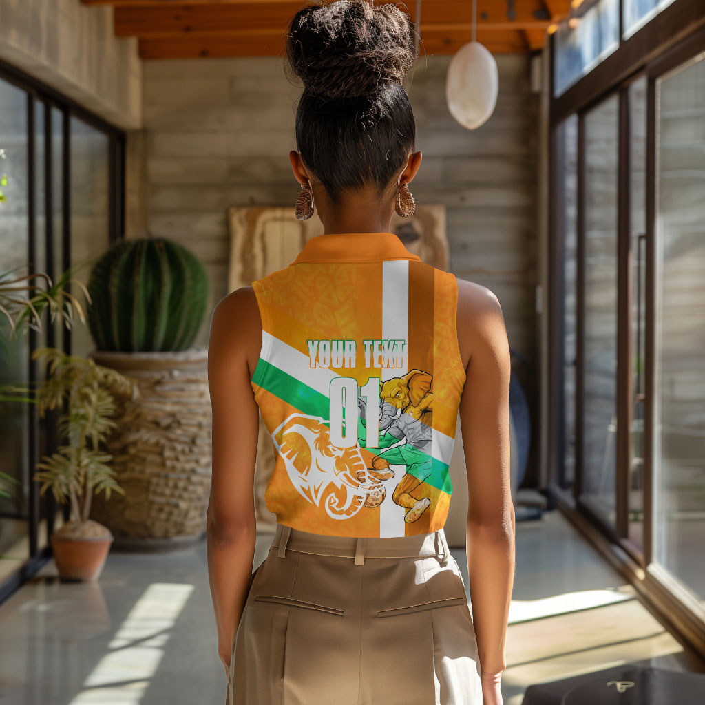 Personalized Ivory Coast Football Women Sleeveless Polo Shirt Elephant Mascot Flag - Comic Style Graphic