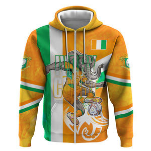 Personalized Ivory Coast Football Zip Hoodie Elephant Mascot Flag - Comic Style Graphic