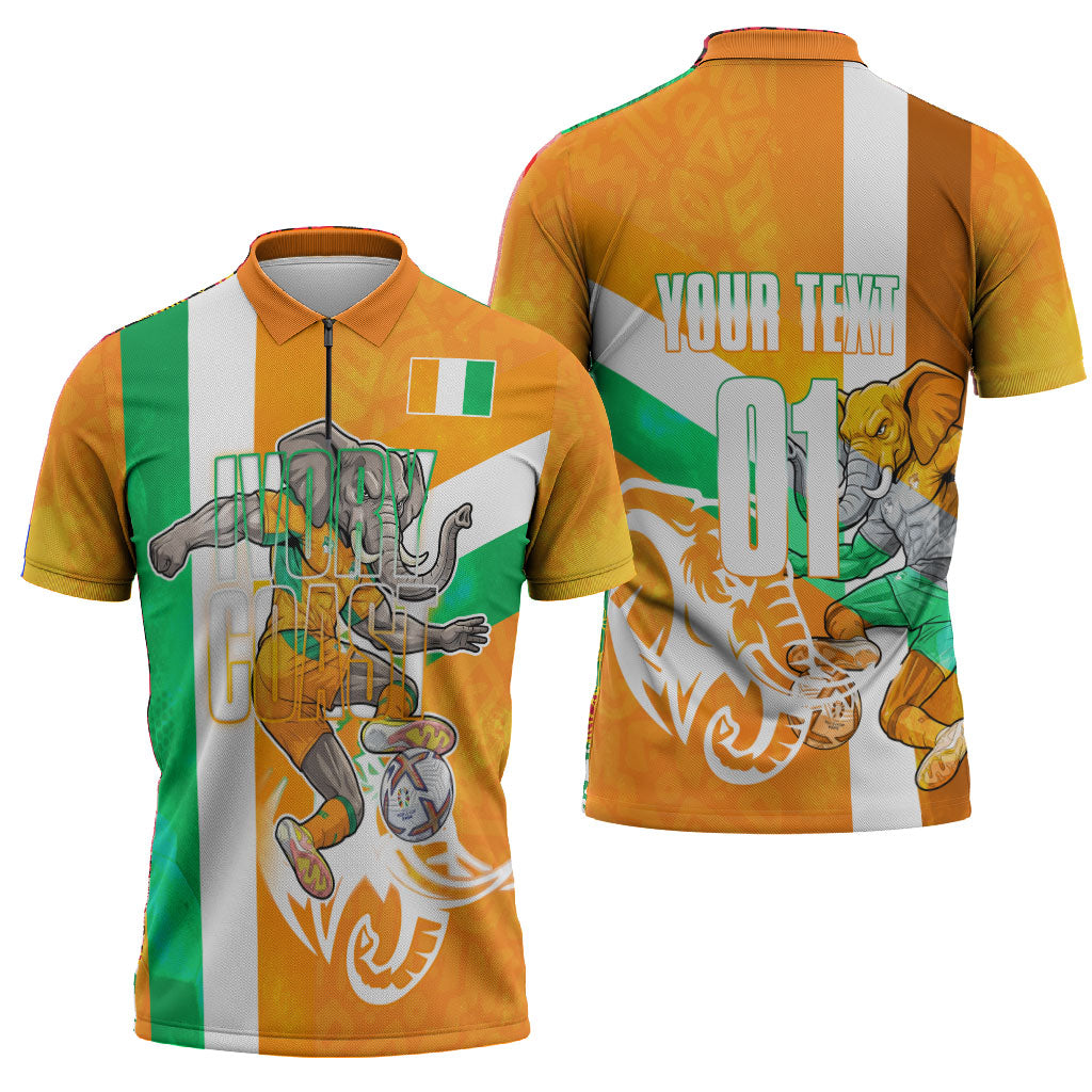 Personalized Ivory Coast Football Zipper Polo Shirt Elephant Mascot Flag - Comic Style Graphic