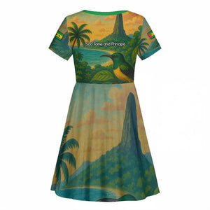 Sao Tome and Principe Kid Short Sleeve Dress Tropical Island Bird and Cocoa Forest - African Pride