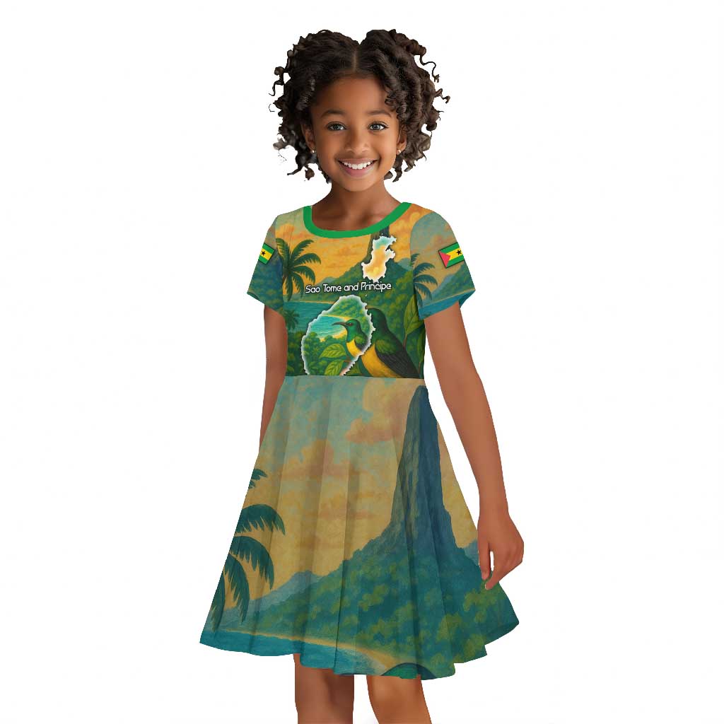 Sao Tome and Principe Kid Short Sleeve Dress Tropical Island Bird and Cocoa Forest - African Pride