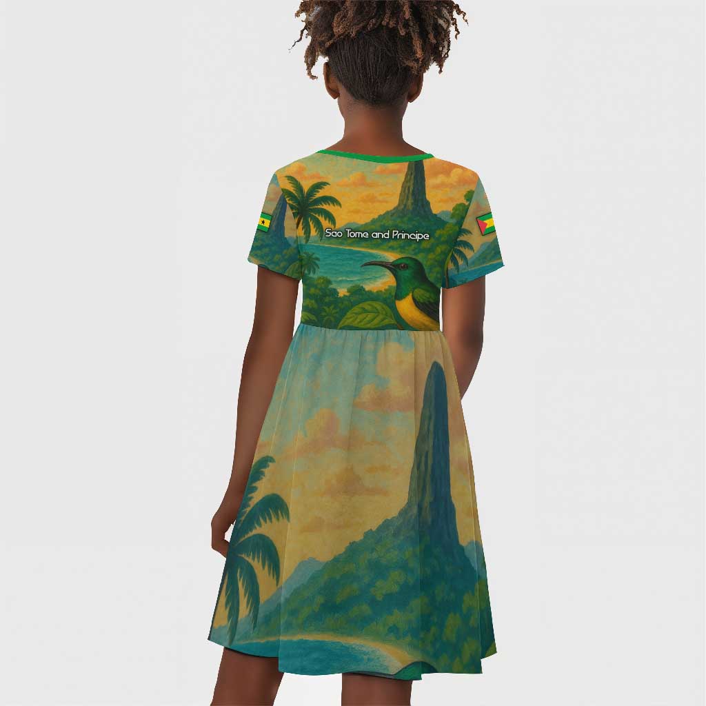 Sao Tome and Principe Kid Short Sleeve Dress Tropical Island Bird and Cocoa Forest - African Pride