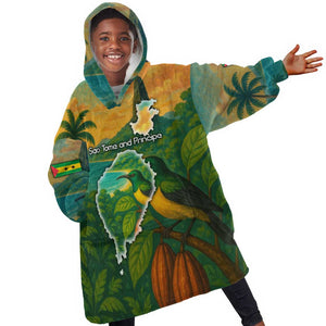 Sao Tome and Principe Kid Wearable Blanket Hoodie Tropical Island Bird and Cocoa Forest - African Pride