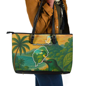 Sao Tome and Principe Leather Tote Bag Tropical Island Bird and Cocoa Forest - African Pride