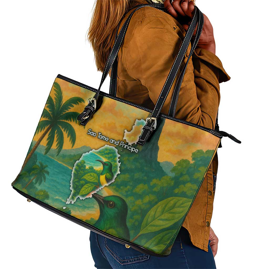 Sao Tome and Principe Leather Tote Bag Tropical Island Bird and Cocoa Forest - African Pride