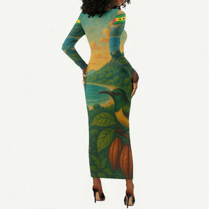 Sao Tome and Principe Long Sleeve Bodycon Dress Tropical Island Bird and Cocoa Forest - African Pride