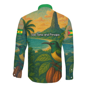 Sao Tome and Principe Long Sleeve Button Shirt Tropical Island Bird and Cocoa Forest - African Pride