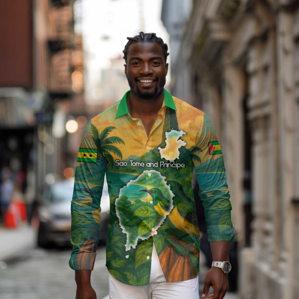 Sao Tome and Principe Long Sleeve Button Shirt Tropical Island Bird and Cocoa Forest - African Pride