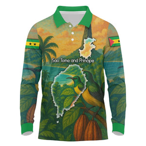 Sao Tome and Principe Long Sleeve Polo Shirt Tropical Island Bird and Cocoa Forest - African Pride