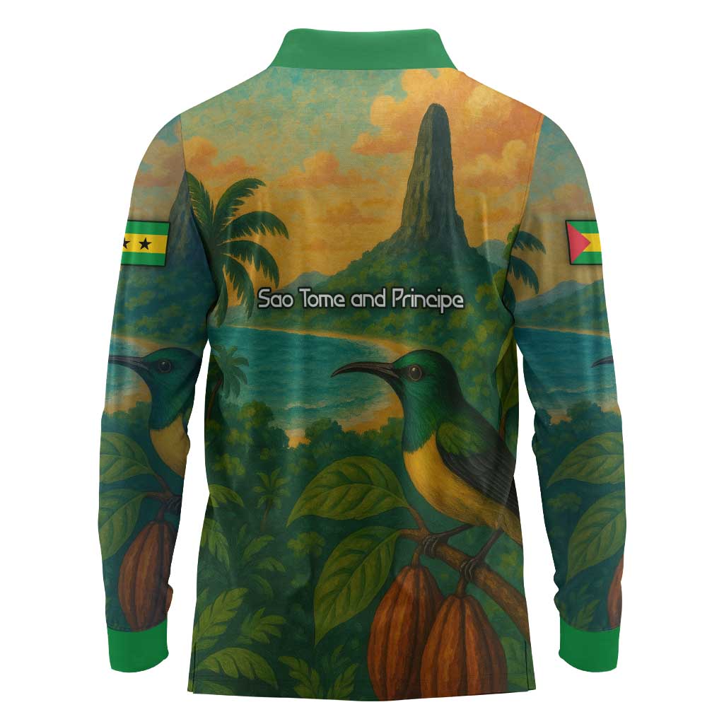 Sao Tome and Principe Long Sleeve Polo Shirt Tropical Island Bird and Cocoa Forest - African Pride