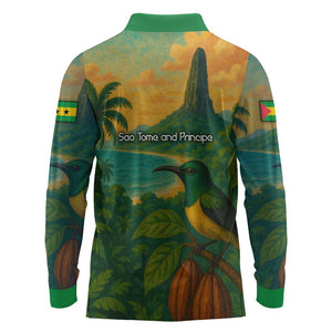Sao Tome and Principe Long Sleeve Polo Shirt Tropical Island Bird and Cocoa Forest - African Pride