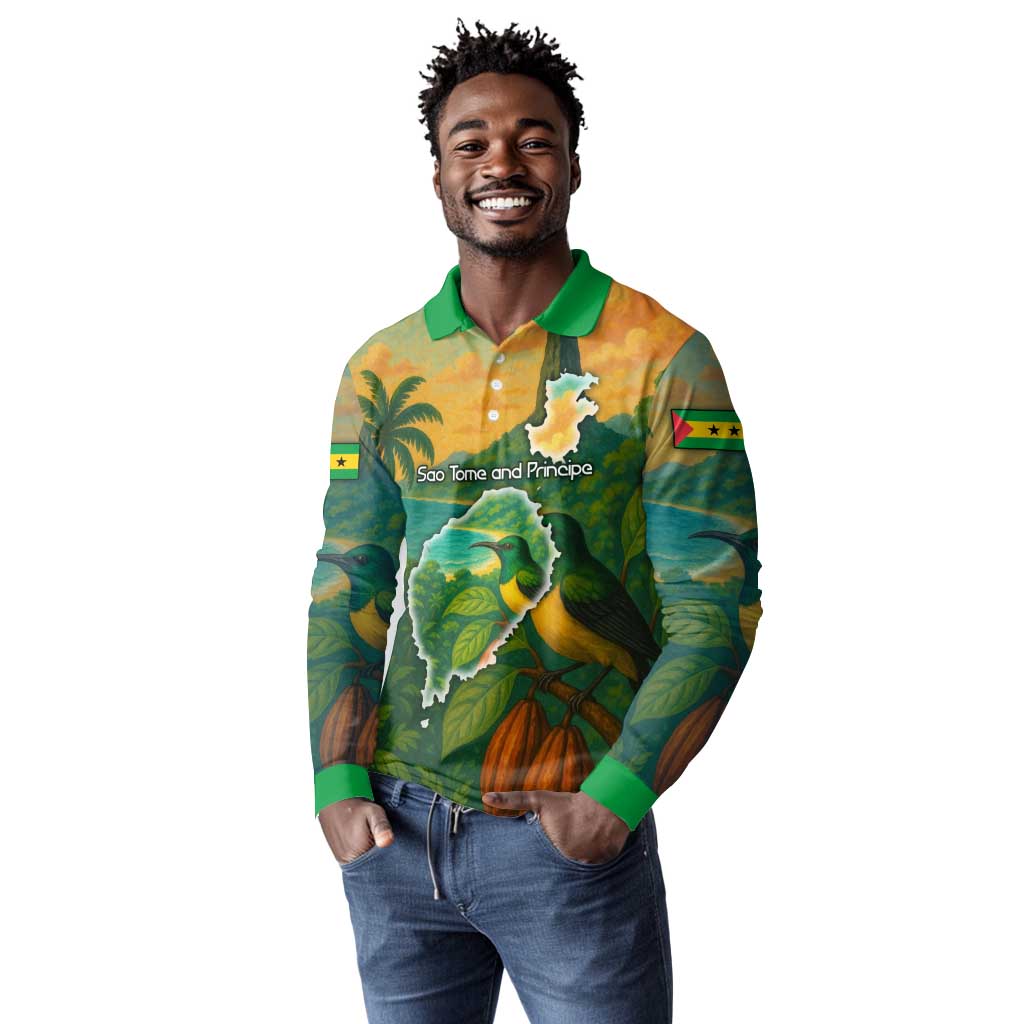 Sao Tome and Principe Long Sleeve Polo Shirt Tropical Island Bird and Cocoa Forest - African Pride