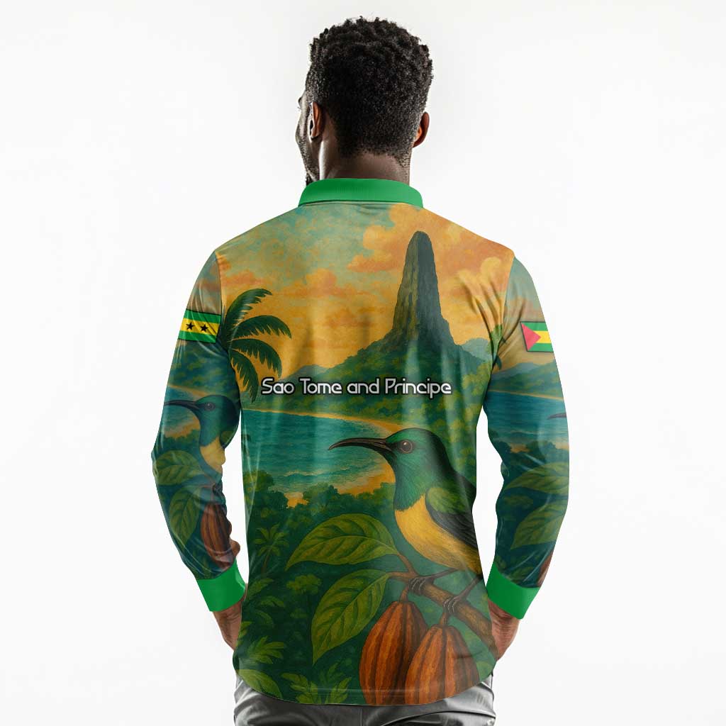 Sao Tome and Principe Long Sleeve Polo Shirt Tropical Island Bird and Cocoa Forest - African Pride