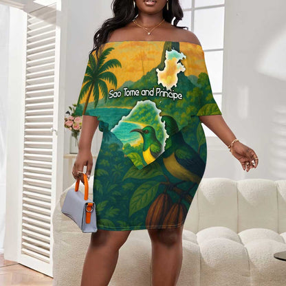 Sao Tome and Principe Off Shoulder Short Dress Tropical Island Bird and Cocoa Forest - African Pride