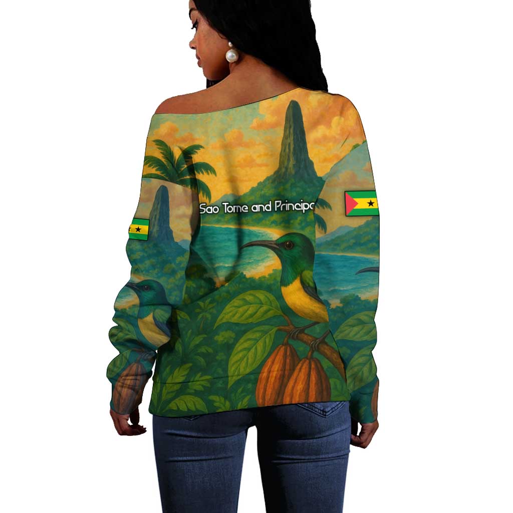 Sao Tome and Principe Off Shoulder Sweater Tropical Island Bird and Cocoa Forest - African Pride