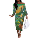 Sao Tome and Principe Off The Shoulder Long Sleeve Dress Tropical Island Bird and Cocoa Forest - African Pride
