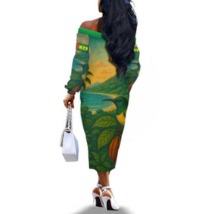 Sao Tome and Principe Off The Shoulder Long Sleeve Dress Tropical Island Bird and Cocoa Forest - African Pride