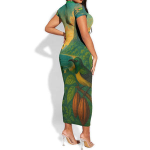 Sao Tome and Principe Short Sleeve Bodycon Dress Tropical Island Bird and Cocoa Forest - African Pride
