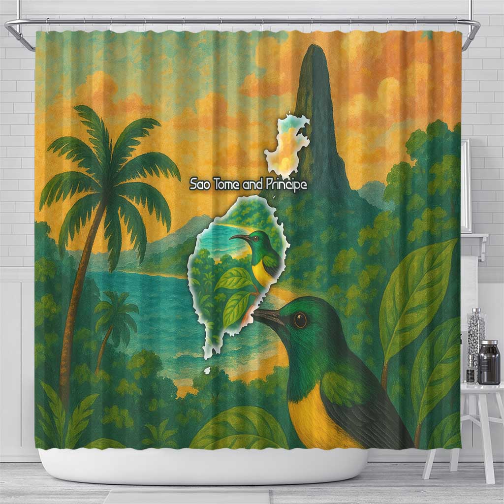 Sao Tome and Principe Shower Curtain Tropical Island Bird and Cocoa Forest - African Pride