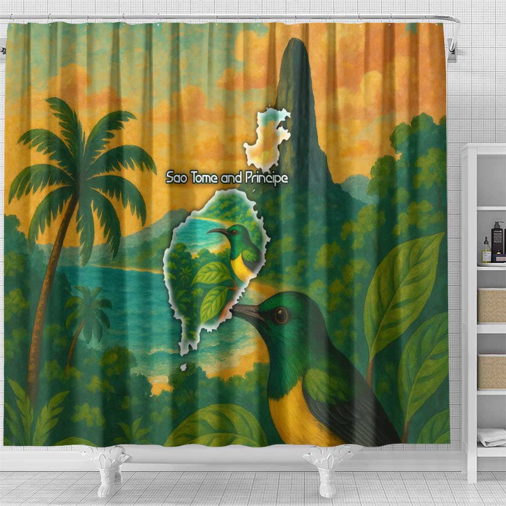 Sao Tome and Principe Shower Curtain Tropical Island Bird and Cocoa Forest - African Pride