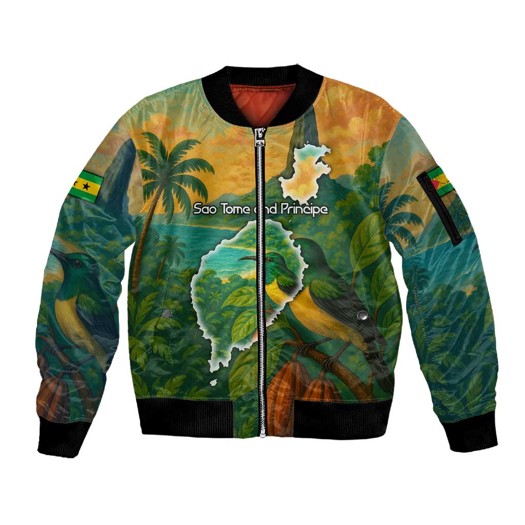 Sao Tome and Principe Sleeve Zip Bomber Jacket Tropical Island Bird and Cocoa Forest - African Pride