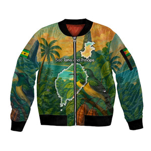 Sao Tome and Principe Sleeve Zip Bomber Jacket Tropical Island Bird and Cocoa Forest - African Pride