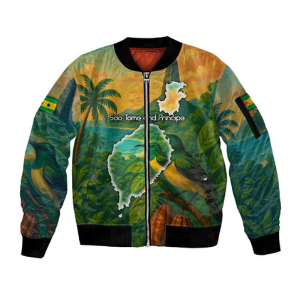 Sao Tome and Principe Sleeve Zip Bomber Jacket Tropical Island Bird and Cocoa Forest - African Pride