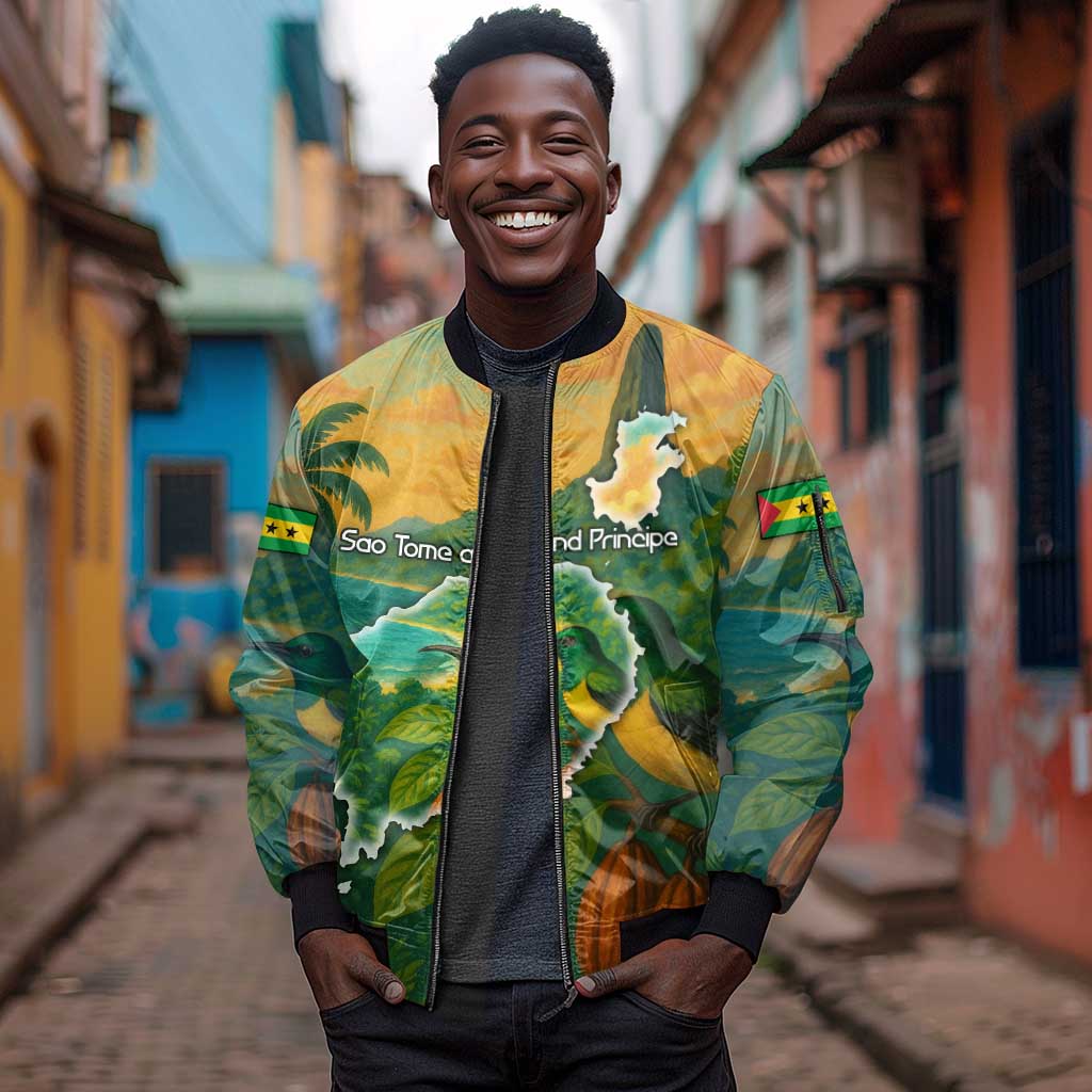 Sao Tome and Principe Sleeve Zip Bomber Jacket Tropical Island Bird and Cocoa Forest - African Pride