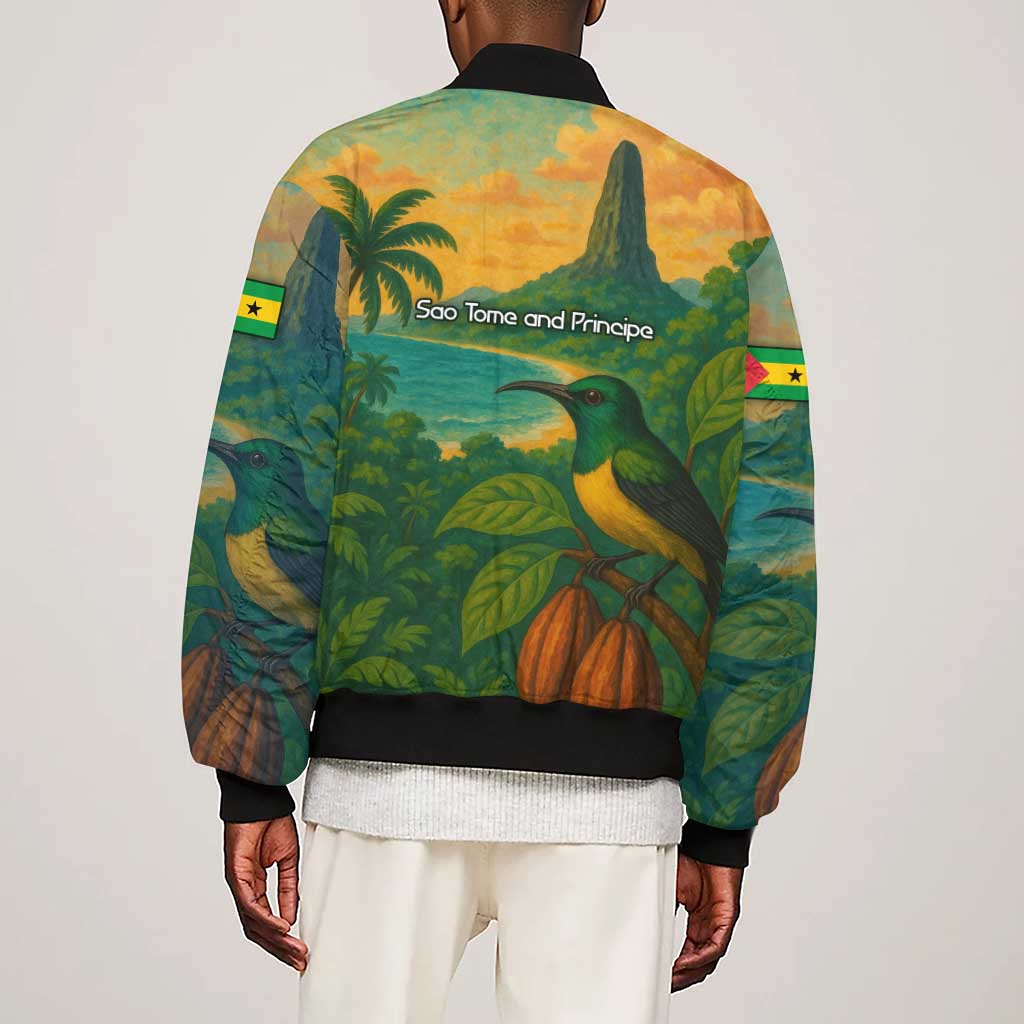 Sao Tome and Principe Sleeve Zip Bomber Jacket Tropical Island Bird and Cocoa Forest - African Pride
