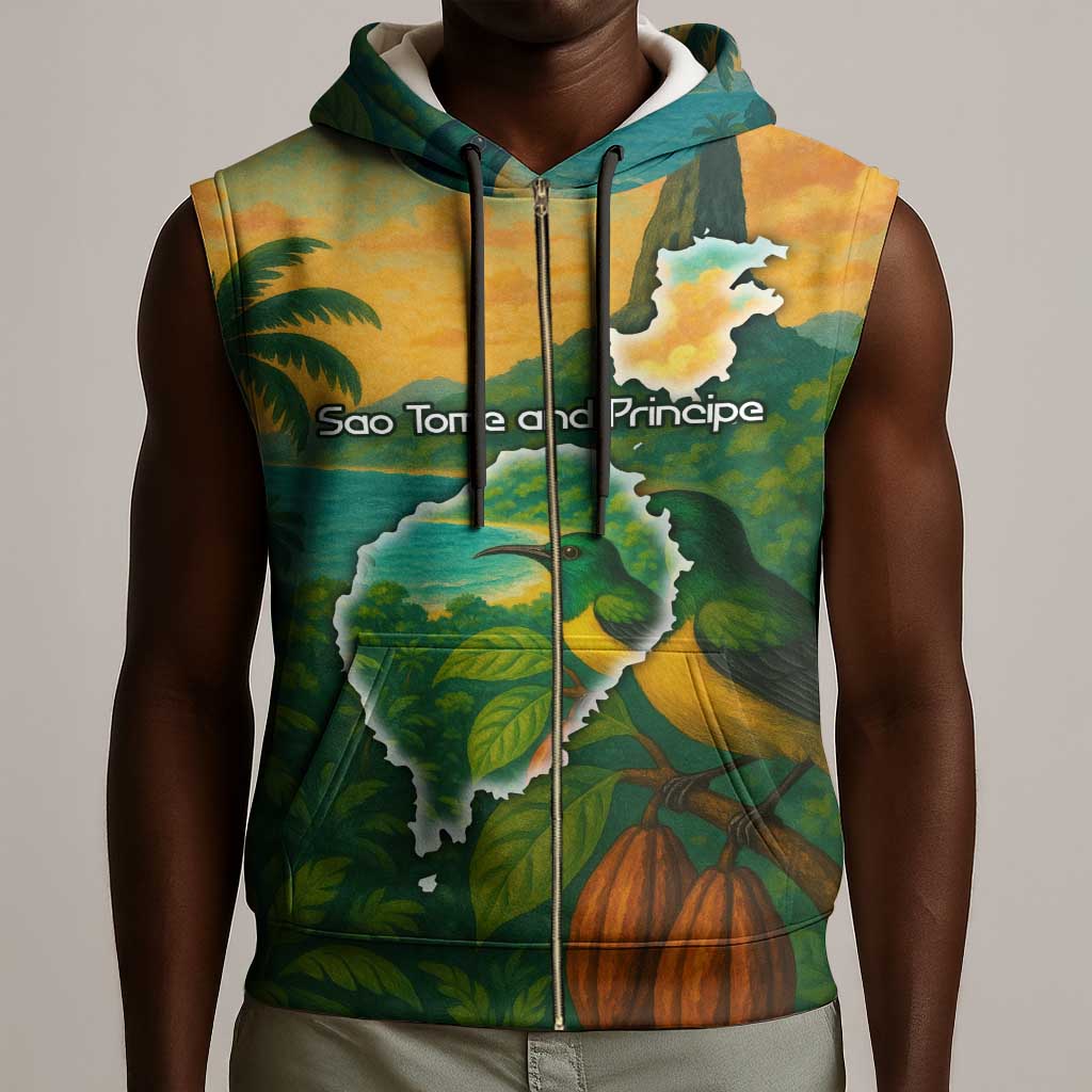 Sao Tome and Principe Sleeveless Zip Hoodie Tropical Island Bird and Cocoa Forest - African Pride