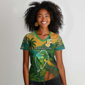 Sao Tome and Principe Women V-Neck T-Shirt Tropical Island Bird and Cocoa Forest - African Pride