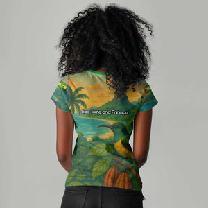 Sao Tome and Principe Women V-Neck T-Shirt Tropical Island Bird and Cocoa Forest - African Pride