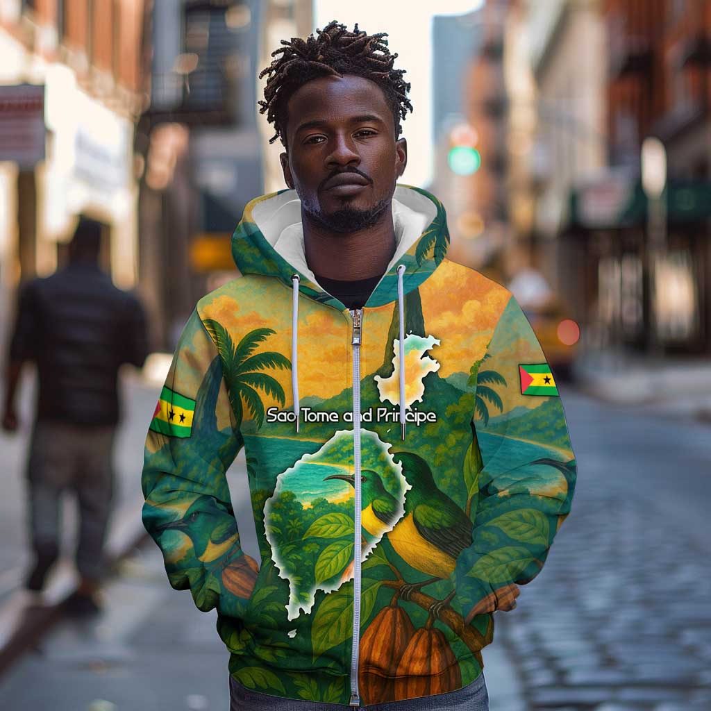 Sao Tome and Principe Zip Hoodie Tropical Island Bird and Cocoa Forest - African Pride