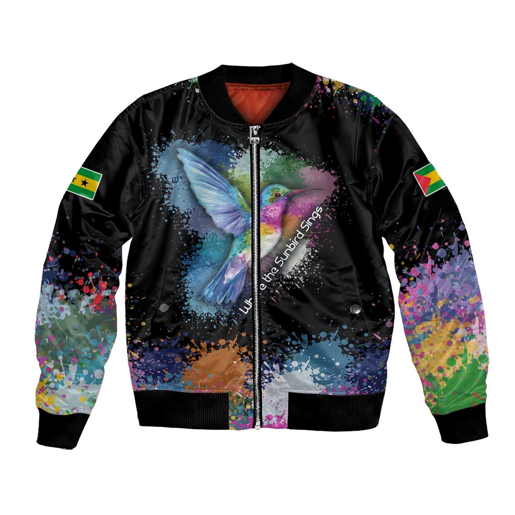 Where the Sunbird Sings Bomber Jacket Sao Tome and Principe Flag - Color Splash Art - African Pride