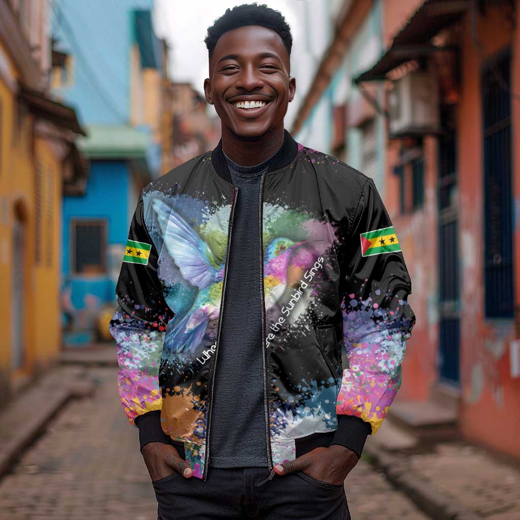 Where the Sunbird Sings Bomber Jacket Sao Tome and Principe Flag - Color Splash Art - African Pride