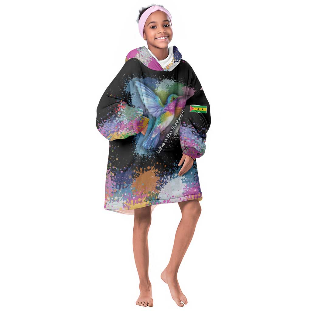Where the Sunbird Sings Kid Wearable Blanket Hoodie Sao Tome and Principe Flag - Color Splash Art - African Pride