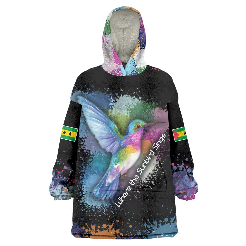 Where the Sunbird Sings Kid Wearable Blanket Hoodie Sao Tome and Principe Flag - Color Splash Art - African Pride