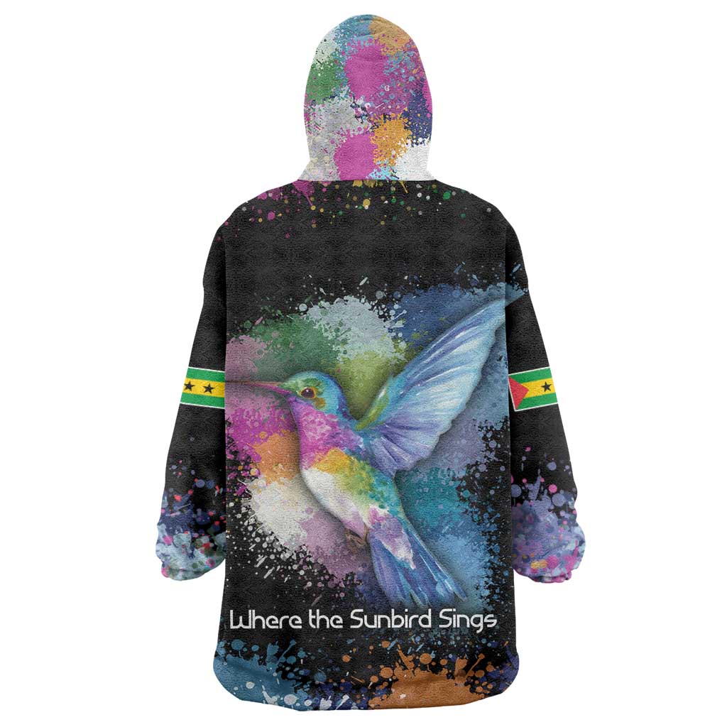 Where the Sunbird Sings Kid Wearable Blanket Hoodie Sao Tome and Principe Flag - Color Splash Art - African Pride