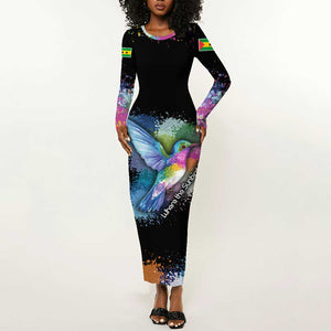 Where the Sunbird Sings Long Sleeve Bodycon Dress Sao Tome and Principe Flag - Color Splash Art - African Pride