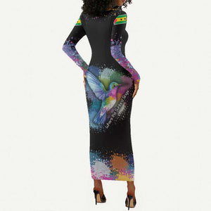 Where the Sunbird Sings Long Sleeve Bodycon Dress Sao Tome and Principe Flag - Color Splash Art - African Pride