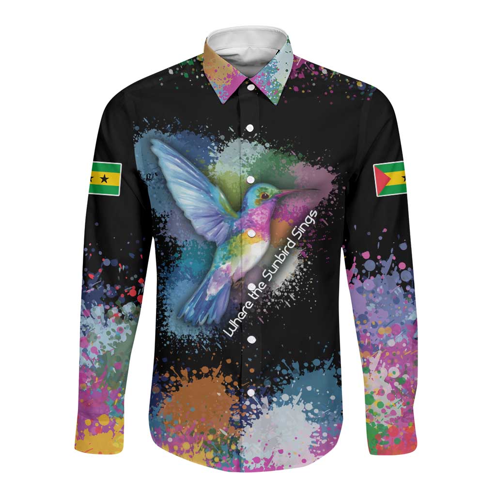 Where the Sunbird Sings Long Sleeve Button Shirt Sao Tome and Principe Flag - Color Splash Art - African Pride