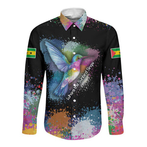 Where the Sunbird Sings Long Sleeve Button Shirt Sao Tome and Principe Flag - Color Splash Art - African Pride