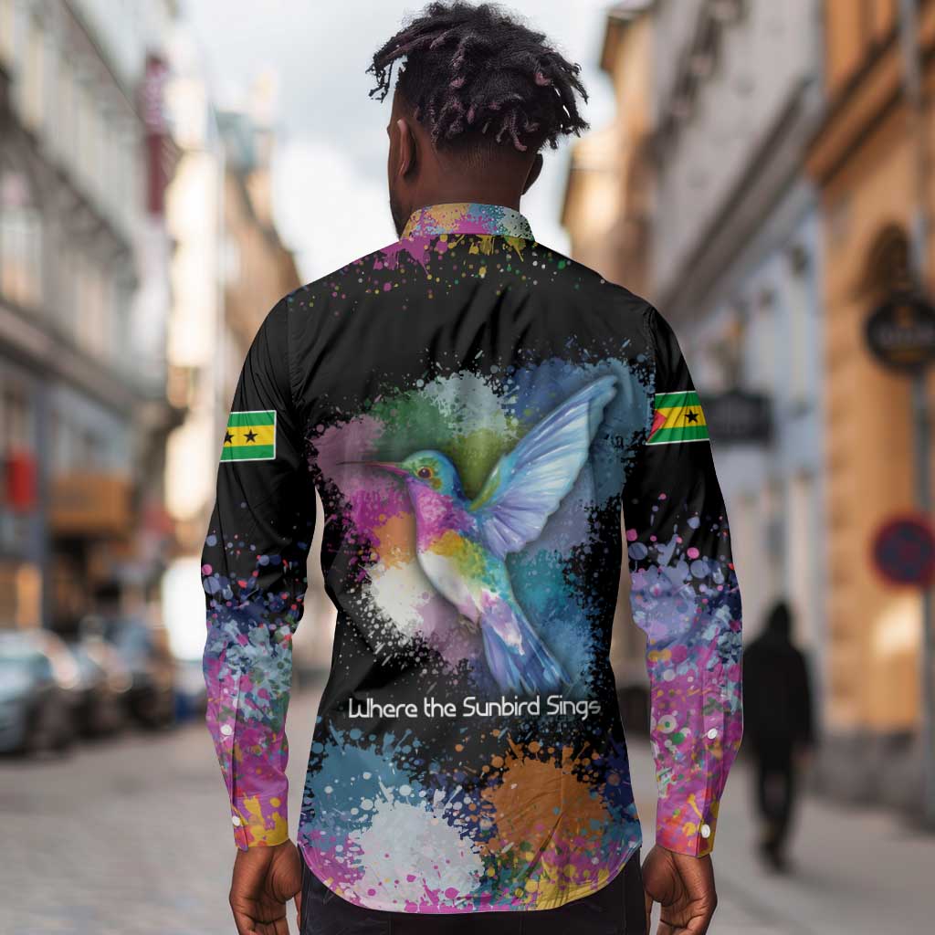 Where the Sunbird Sings Long Sleeve Button Shirt Sao Tome and Principe Flag - Color Splash Art - African Pride