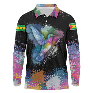 Where the Sunbird Sings Long Sleeve Polo Shirt Sao Tome and Principe Flag - Color Splash Art - African Pride