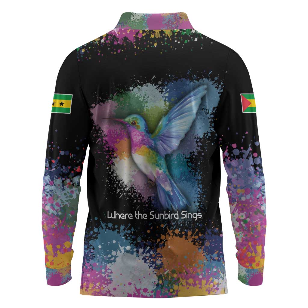 Where the Sunbird Sings Long Sleeve Polo Shirt Sao Tome and Principe Flag - Color Splash Art - African Pride