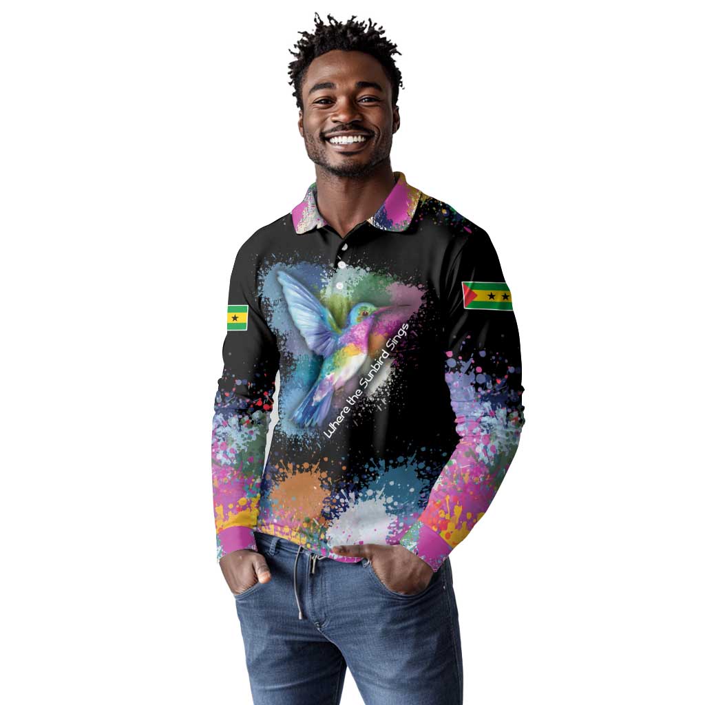 Where the Sunbird Sings Long Sleeve Polo Shirt Sao Tome and Principe Flag - Color Splash Art - African Pride