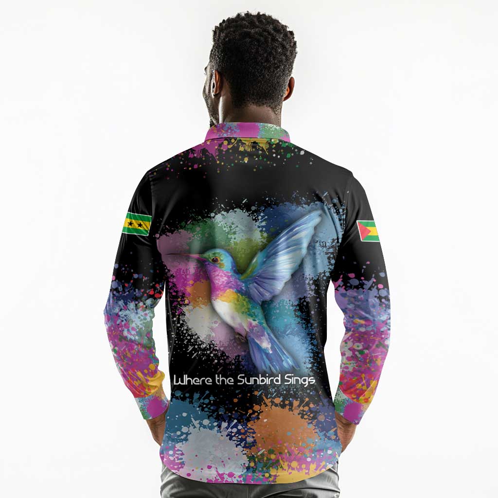 Where the Sunbird Sings Long Sleeve Polo Shirt Sao Tome and Principe Flag - Color Splash Art - African Pride
