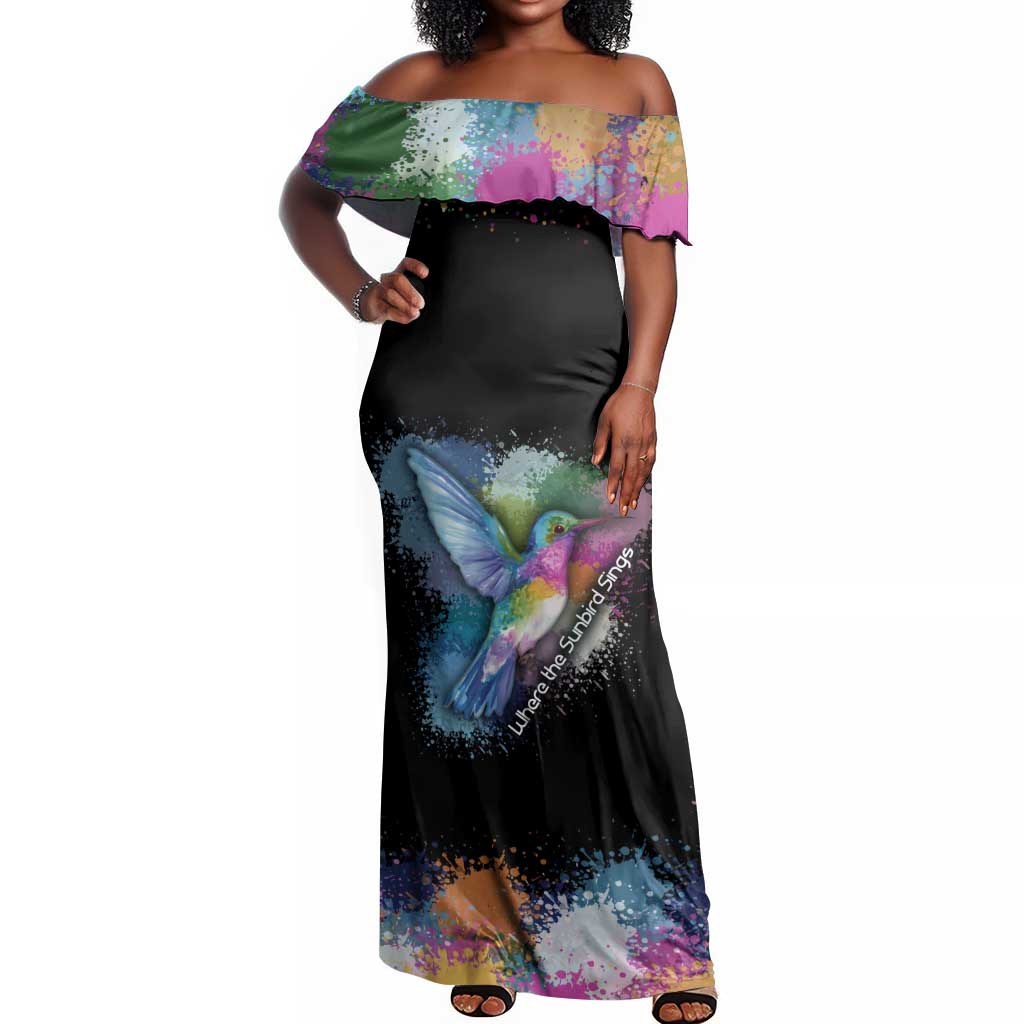 Where the Sunbird Sings Off Shoulder Maxi Dress Sao Tome and Principe Flag - Color Splash Art - African Pride